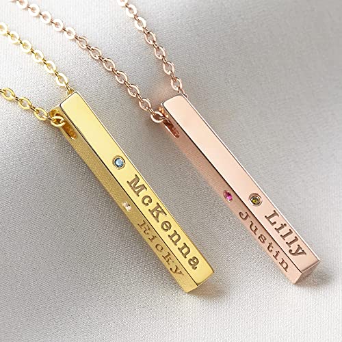 Name Necklace for Friend Mom Family Necklace 4-Sided Bar Necklace with Birthstone Vertical Bar Necklace for Mom Custom Name Necklace for Mom