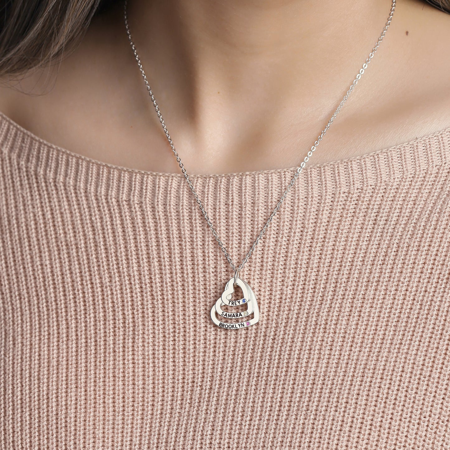 Mom Necklace With Birthstone Kids Names Necklace 4 Heart Necklace for Mom Custom Heart Necklace Multiple Name Heart Necklace for Wife Gift