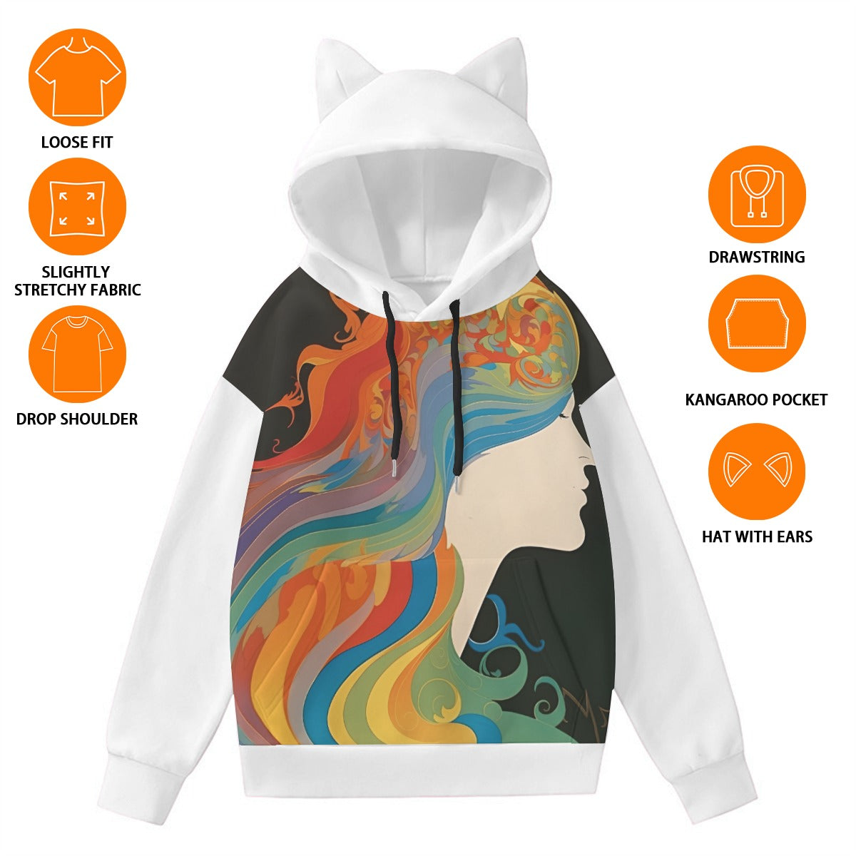 Customizable All-Over Print Women’s Hoodie With Decorative Ears