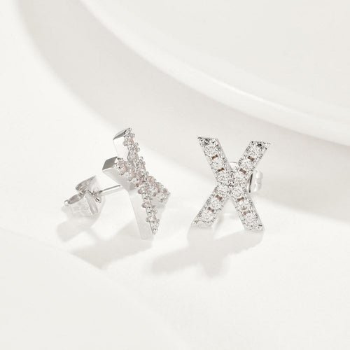 Crystals Pave Letter Stud Monogram Initial Earrings in 18K White Gold